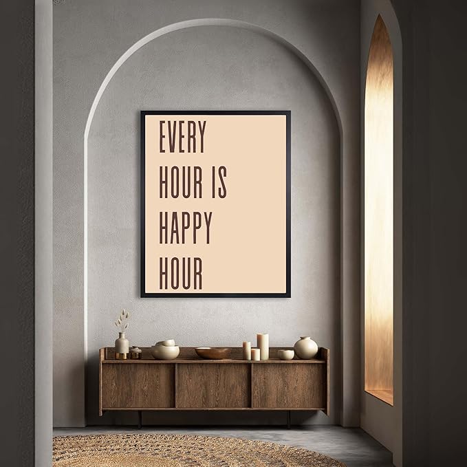 InkFlow Posters Every Hour Happy Hour Poster - Minimal Typography Quote Design - Neutral Beige Modern Print - Kitchen Bar Wall Decor - Contemporary Home Artwork - 11x14 Unframed Canvas Print