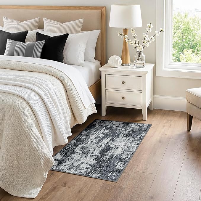 RELEANY Washable Area Rugs 3x4 Non-Slip Modern Abstract Soft for Living Room Entryway Bedroom Nursery, Print Pattern, Black Navy Blue Gray