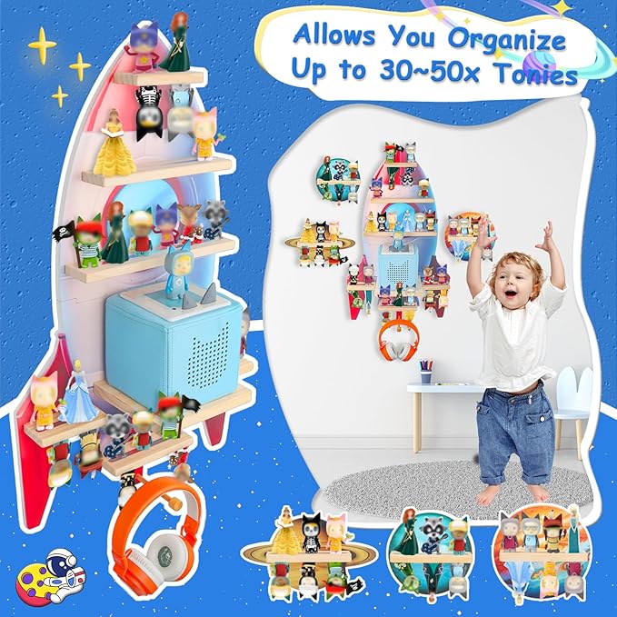 Taladad for Toniebox 2/1 Tonie Shelf Wall Mounted Set of 4,Tonies Figures Tonies Storage,Magnetic Wooden Floating Shelves Compatible with Tonie Box Player Character for Children Room