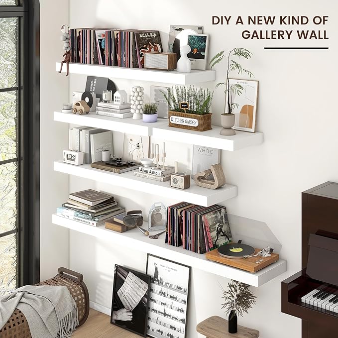 Venusmiles Floating Shelves for Wall, Engineered Wood Wall Shelves with Invisible Brackets for Living Room Bedroom Bathroom Office Kitchen Decor and Storage (White, 72" W x 9" D x 1.5" H) Set of 1