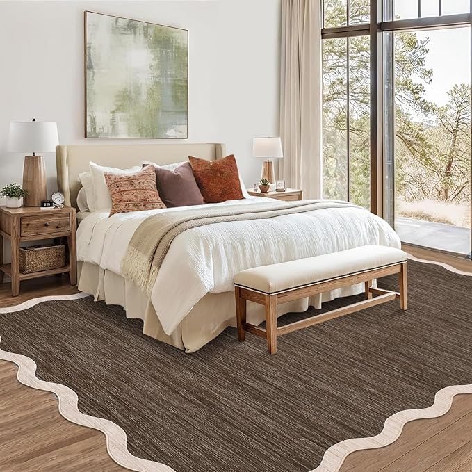 GarveeHome Scalloped Washable Area Rug 6 x 9 Rugs for Living Room Modern Brown Rug Non Slip Throw Rugs Distressed Large Bedroom Rug Low Pile Stain Resistant Carpet for Dining Room Nursery 6'x9' Brown