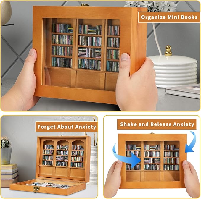 Anxiety Bookshelf - Shake Off Your Anxiety,Miniature Display Shelf,Contains 240 Miniature Book Models,Antique Style Gift Decoration Mini Bookshelf (Brown)