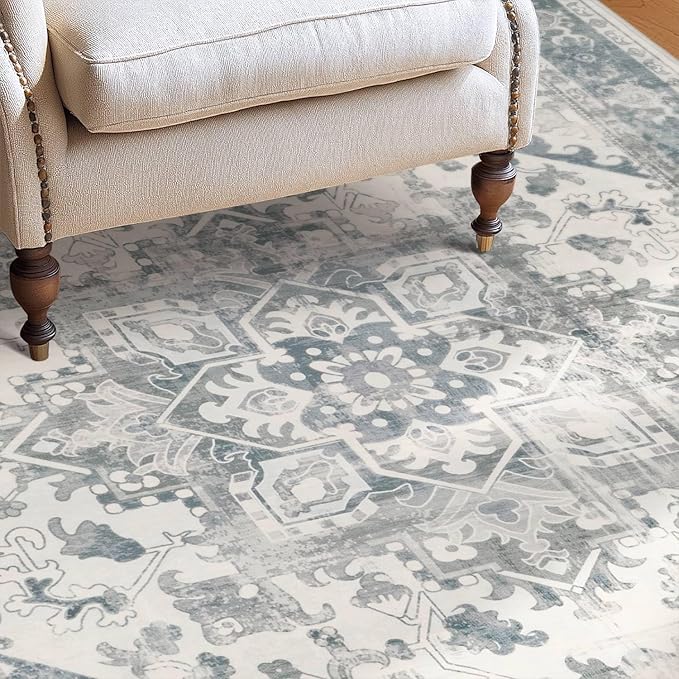 Rugxara Washable Area Rug for Living Room, Neutral Vintage Boho Rugs for Office, Dining Room, Kids Room, Farmhouse, Durable Low Pile Non Slip Carpet for High Traffic Areas, Light Blue Grey(4x6 ft)