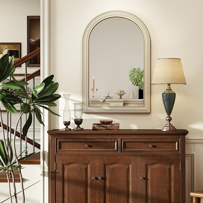 Reflinto 36x24 Inch Rustic Farmhouse Arched Wall Mirror, Distressed Wooden Decorative Mirrors for Bathroom Over Sink, Living Room, Entryway, Hallway