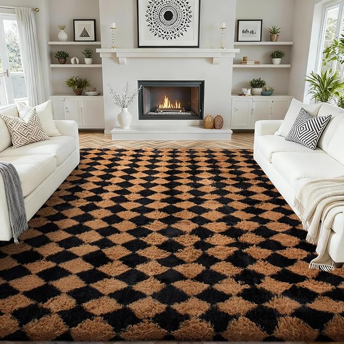 Ophanie Black & Beige Diamond Checkered Rugs for Living Room Bedroom, Large Rhombus Fluffy Soft Fuzzy Area Rugs, Plush Shaggy Bedside Floor 8x10 Carpet for Kids Baby Teen Dorm Home Decor Aesthetic