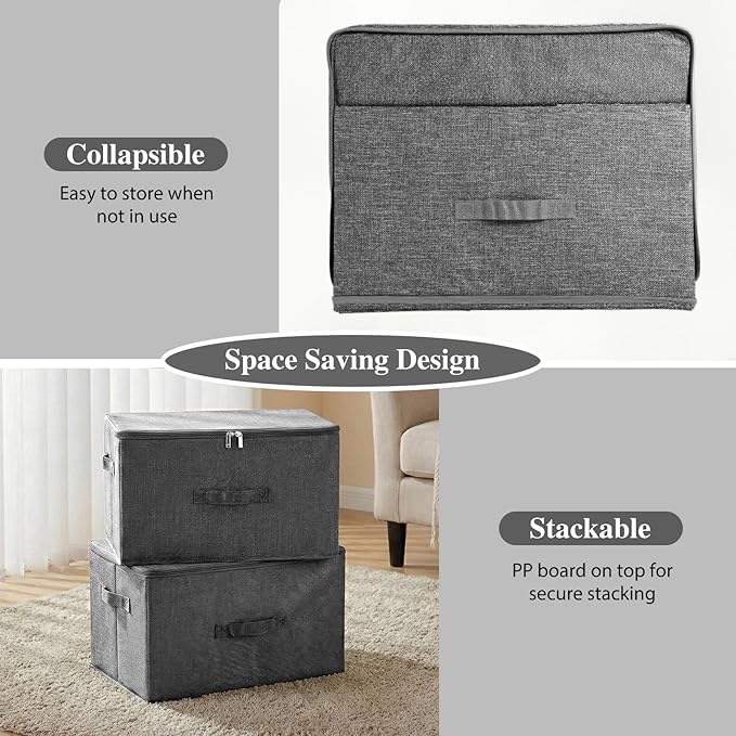 ANMINY 2PCS Storage Bins with Zipper Lids 36 Qt Lidded Fabric Storage Boxes Baskets Cubes with Handles Collapsible Washable Cotton Linen Closet Shelf Clothes Organizer Containers - Gray, Large