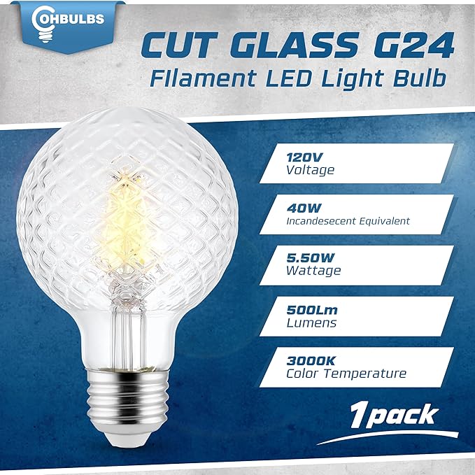 Decorative Light Bulb (1-Pack) 5.5 Watt G25 LED Filament Bulb E26 Medium Base (40W Equivalent) 3000K Warm White, 500 Lumens, Dimmable, Cut Glass Clear Decorative Light Bulbs