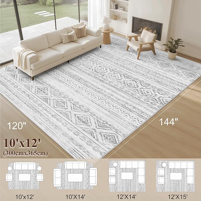 cotiled 10x12 Area Rug Living Room: Washable Boho Rugs with Non Slip Backing Large Soft Indoor Stain Resistant Carpet for Bedroom Farmhouse Dining Room Lightweight Home Decor Light Grey