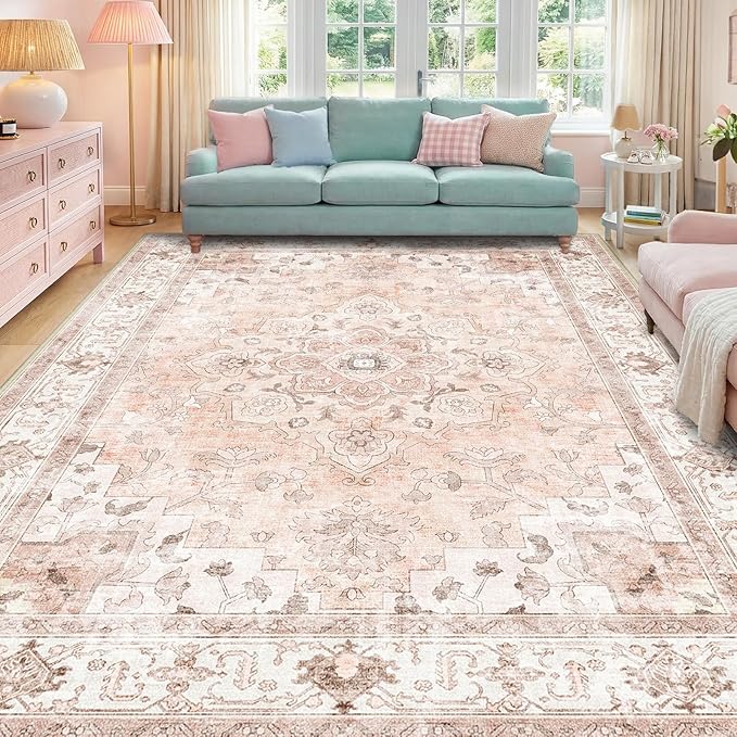 CAPALOCA Machine Washable Rugs Nursery Rug 9x12 Cute Girl Non Slip Low Pile Water Repellent Soft Print Pattern for Bedroom Indoor Decor Kids Playroom Pink