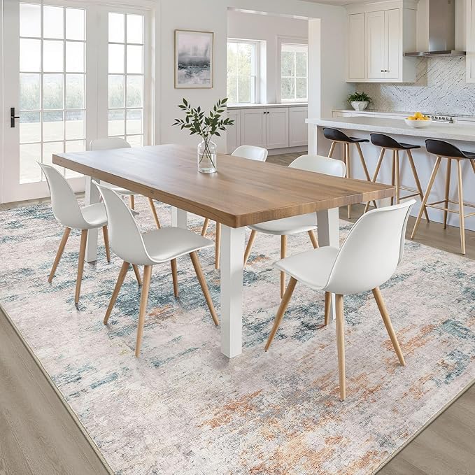 6x9 Area Rugs Living Room: Washable Large Neutral Aqua Brown Rug Abstract Soft Modern Stain Resistant Indoor Floor Non-Slip Carpet for Bedroom Nursery Kids Office Playroom Dining Room Under Table