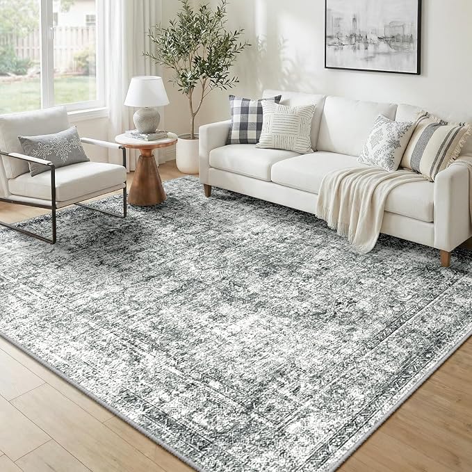 CAPALOCA Machine Washable Rugs Nursery Rug 5x7 Cute Girl Non Slip Low Pile Water Repellent Soft Print Pattern for Bedroom Indoor Decor Kids Playroom Grey