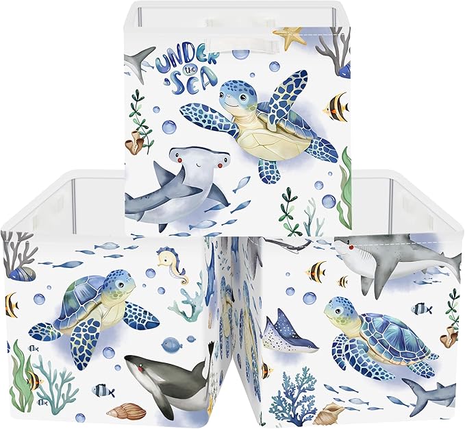 11.8" Marine Animals Cube Storage Organizer Set 3Pcs Ocean Sharks Turtles Cube Storage Bin for Bathroom/Bedroom Kid Book Toy Chest, Seaweed