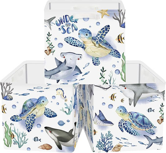 11.8" Marine Animals Cube Storage Organizer Set 3Pcs Ocean Sharks Turtles Cube Storage Bin for Bathroom/Bedroom Kid Book Toy Chest, Seaweed