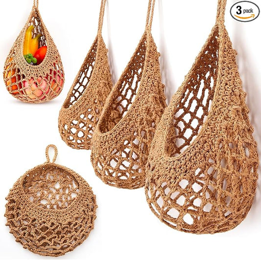 Honeydak Boho Decor Hanging Wall Baskets for Kitchen 3 Pack Teardrop Baskets with Hooks Storage Fruit Onion Vegetable Potato for Home 3 Sizes(Light Linen,Crochet,Cotton Rope)