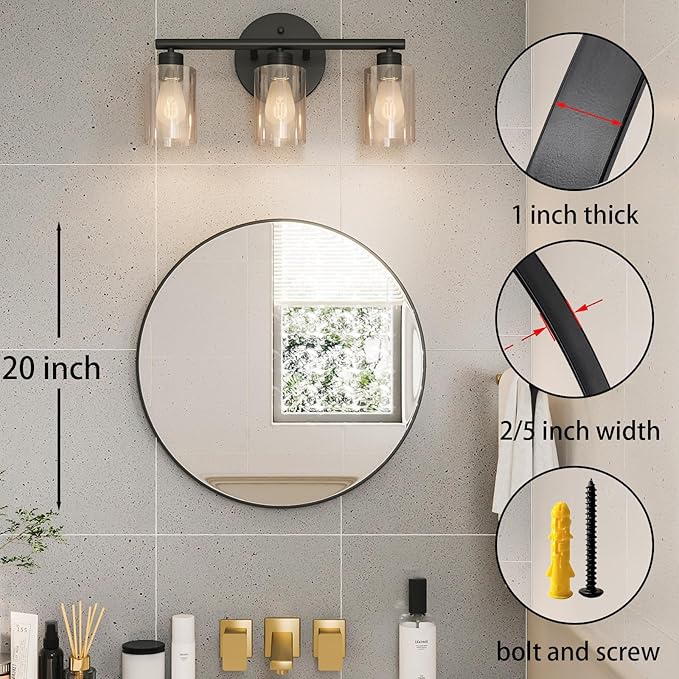 Growsun Black Round Mirror 20 inch Circle Mirror for Bathroom, Vanity, Bedroom, Home Decor