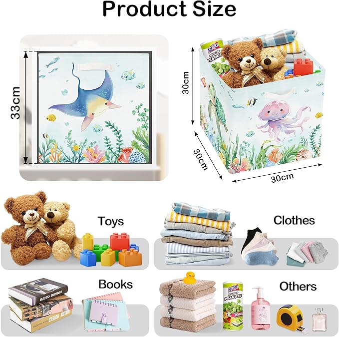 11.8" Marine Animals Cube Storage Organizer Set 3Pcs Ocean Sharks Turtles Cube Storage Bin for Bathroom/Bedroom Kid Book Toy Chest, Jellyfish