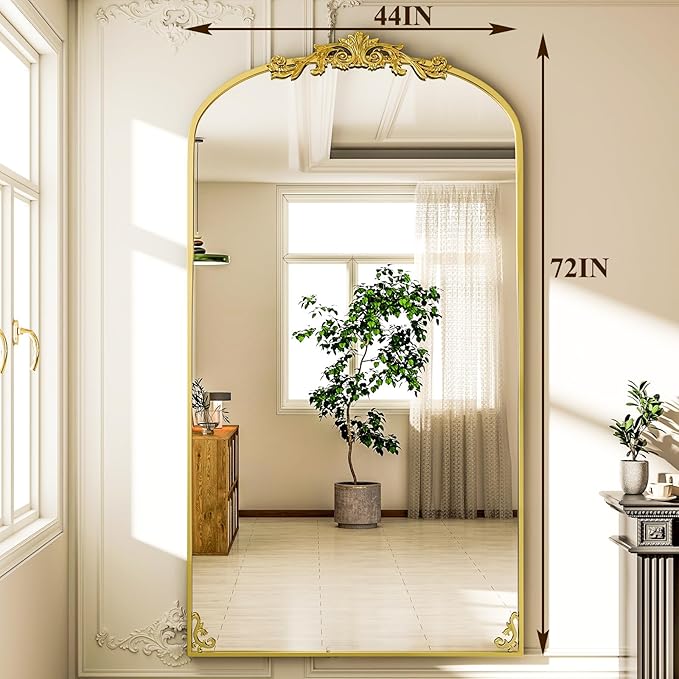 GLSLAND Oversized Vintage Mirror - 72"x 44" Full Length Mirror Large Carved Arched Mirrors with Metal Frame Baroque Full Body for Bathroom/Living Room/Entryway,Gold