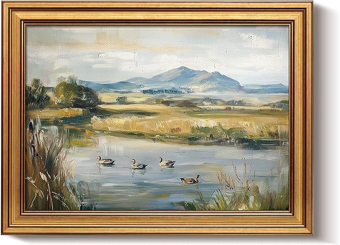 Bzstyleart Vintage Wall Art Decor for Living Room, Gold Framed Canvas Wall Art Home Decor Aesthetic, Ducks Pond Landscape Prints, Canvas Picture Print Artwork, 12 x 16 Inch