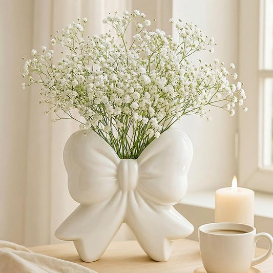 Jingmore White Bow Vase Coquette Ceramic Vase for Wedding Pen Holder Makeup Brush Holder Contemporary Design Decorative Women Gift for Home Office Shelf Table Room(Small, Classic)
