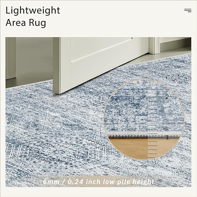 Soalmost 5x7 Area Rugs Blue Low Pile Indoor Washable Trendy Faded Style Rugs for Bedroom Living Room Dining Room Foldable Non-Slip Thin Print Mat