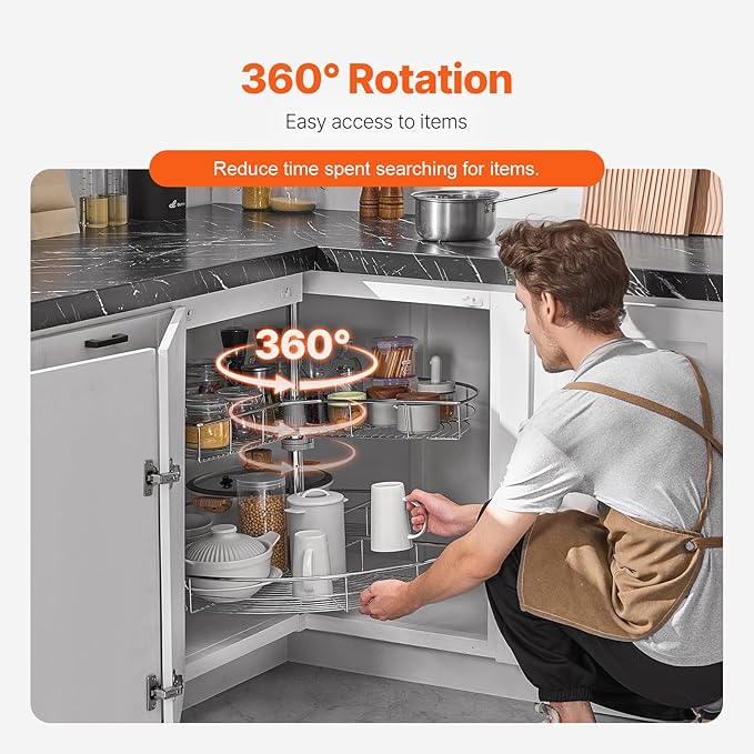 VEVOR 31.5" Kidney Shaped Chrome Corner Organizer, 360° Rotatble Kitchen Base Cabinet Blind Corner, 2 Tier Height Adjustable Storage Rack, Carbon Steel Lazy Susan Replacement Shelf for Cabinet Corner