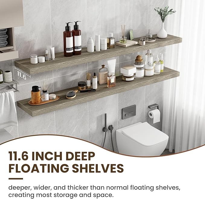 Acovy 72 inch Floating Shelves for Wall, 12 Inch Deep Floating Shelf, Hanging Shelf with Invisible Brackets, Rustic Wooden Wall Shelves for Bathroom, Bedroom, Living Room,Farmhouse Set of 1,Grey
