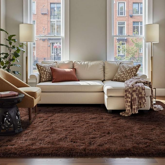 FinRèc 5x8 Dark Brown Rugs for Living Room Bedroom, Fluffy Shaggy Area Rug, Non-Slip Soft Shag Rug for Nursery Kids Room Dorm Room Home Decor, Indoor Plush Floor Carpet