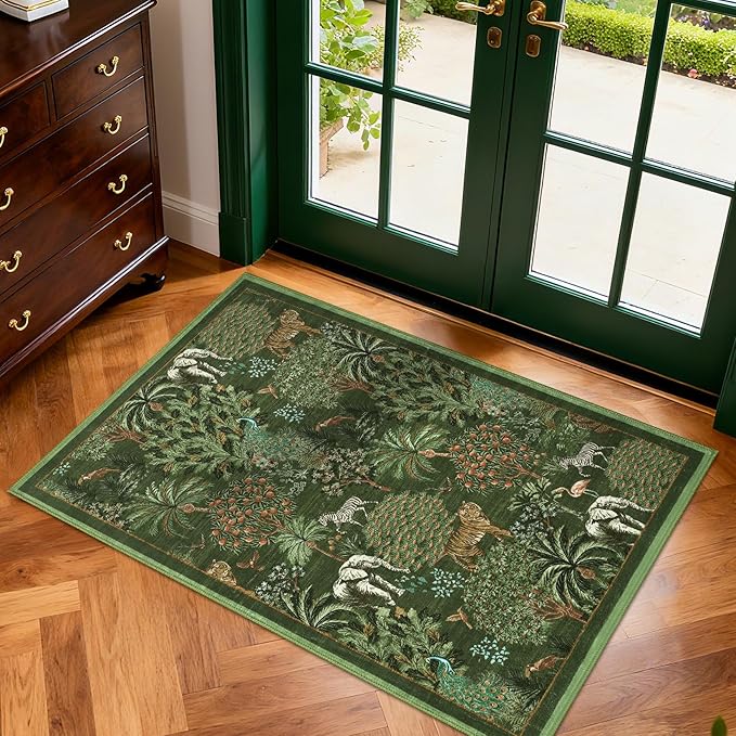 GarveeHome Jungle Rug 2x3 Animal Print Rugs Non Slip Washable Front Door Rug for Entryway, Indoor Kitchen Rugs Low-Pile Small Door Mat Forest Carpet for Bedroom Home Décor, Dark Green
