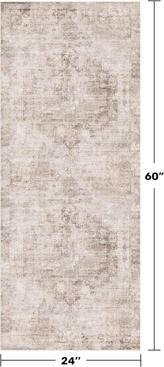 Hazo Haus Washable Non Slip Stain Resistant 2x5 Runner Rug for Bathroom, Kitchen, Laundry Room, Bedroom Beside Bed, Unique Tan Distressed Abstract Eclectic Runner Décor, Beige Brown