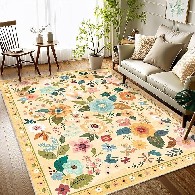 RELEANY Floral Nursery 4x6 Area Rugs Washable Print Boho Cute Carpet Non Slip Flower Low Pile for Living Room Kids Girls Playroom Bedroom Kitchen Office Farmhouse-Ivory/Yellow