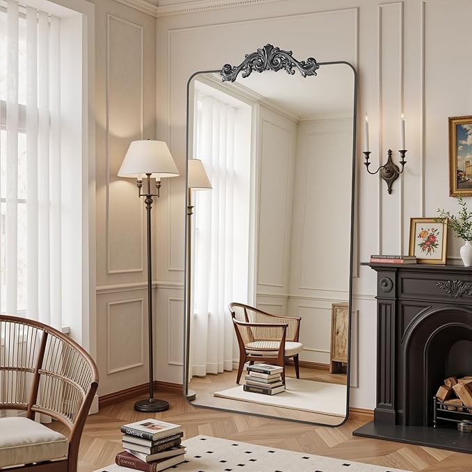 Vintage Full Length Mirror, 71"x32" Floor Mirror with Carved, Full Body Mirrors for Home Decor, Standing/Hanging Large Wall Mirrors for Bedroom/Living Room/Entryway, Black, Retro Style