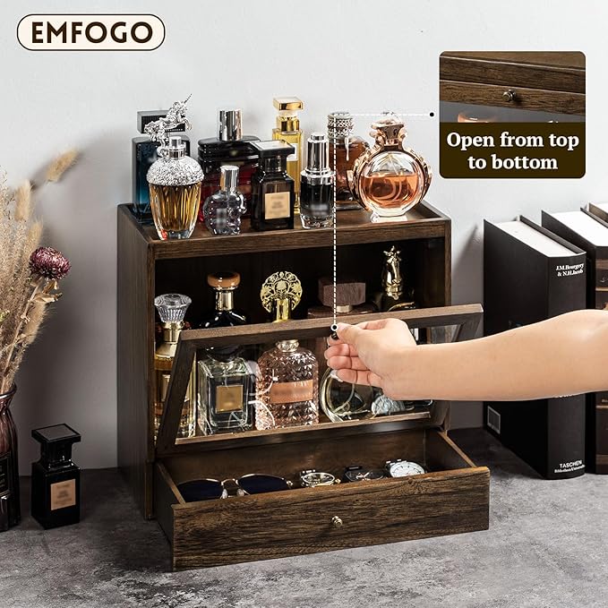 Emfogo Cologne Organizer for Men, Solid Wood Perfumes Organizer for Men Dresser, Large Capacity Dustproof Cologne Holder with Drawer Storage Perfume Stand Organizer, Ideal Gift for Loved ones