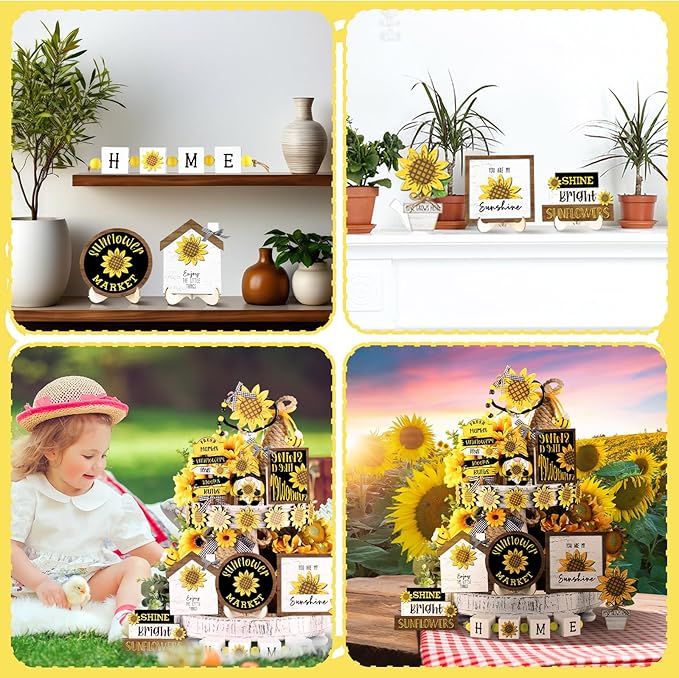 Bucherry 17 Pcs Sunflower Tiered Tray Decor Set Farmhouse Wooden Summer Table Signs Rustic Decorations for Home Spring Summer Table Centerpieces for Home Kitchen Shelf Tabletop