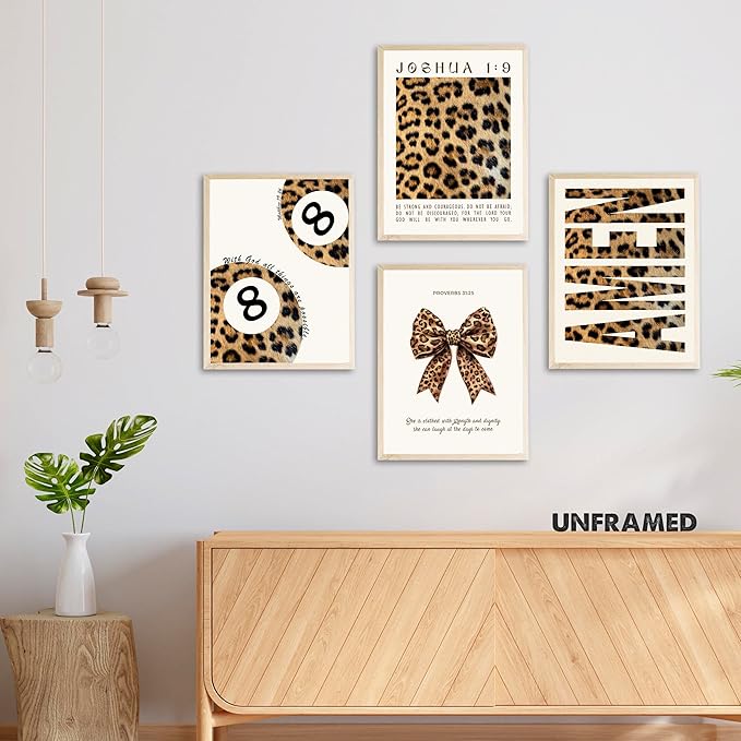 Eastern Print Trendy Leopard Print Wall Art Set, Cheetah Prints Room Decor, Bible Verse Art Prints, Trendy Decor for Bedroom, Living Room, Lucky 8 Ball Aesthetic Posters, 6Pcs 8x10in, UNFRAMED