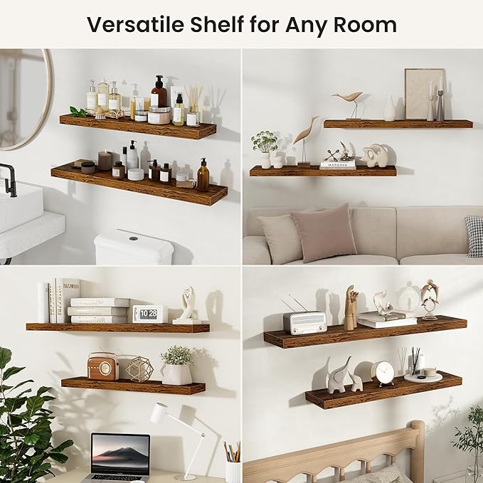 Fun Memories Floating Shelves for Wall, Rustic Wood Wall Mounted Shelves for Bathroom, Bedroom, Living Room and Kitchen, Storage & Home Decor (Set of 3, Brown, 12 in)