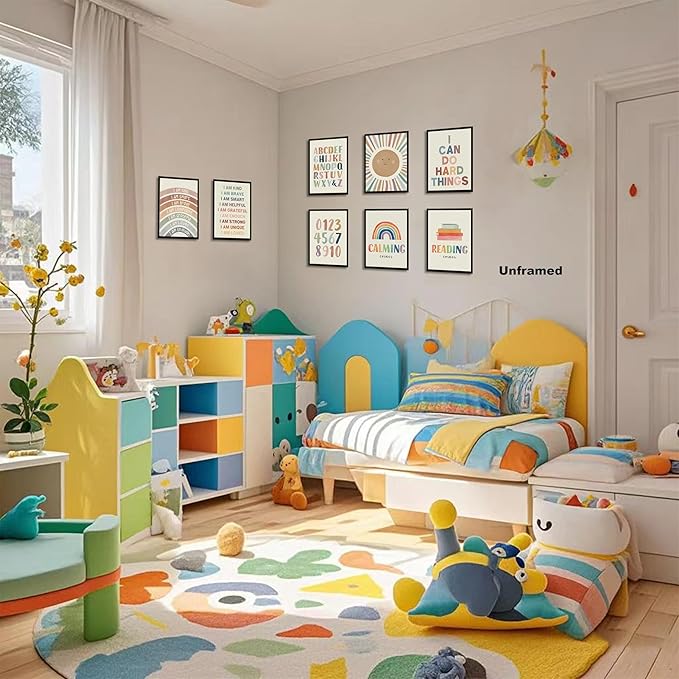 SEHSUVC Baby Alphabet 1 2 3 Wall Art Set of 9, Number Rainbow Canvas Posters Prints, Kids ABC Positive Affirmation Wall Decor Paintings for Kids Room Nursery Bedroom Home Decor 8x10In Unframed