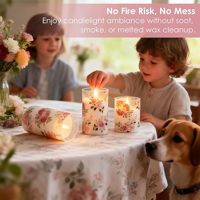 LUSHARBOR Flameless Candles with Remote, Battery Operated Glass Candles Pink Rose Flickering LED Candles Real Wax Floral Christmas Decor Electric Pillar Candles Set of 3