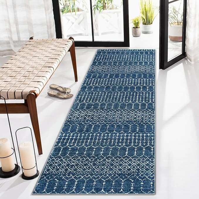 Lahome Moroccan Extra Long Runner Rugs for Hallways, 2.5x12 Rug Runner Washable Ultra-Thin Carpet Non Slip, Faux Wool Soft Modern Floor Print Mat for Entryway Stair (Blue, 2'5''x12') Hana