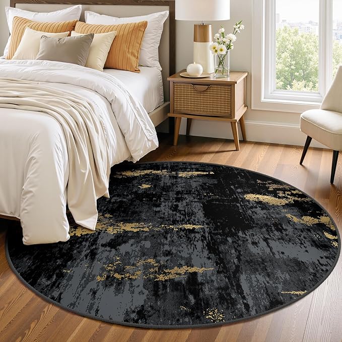 RELEANY Washable Area Rugs 4ft Non-Slip Modern Abstract Soft for Living Room Entryway Bedroom Nursery, Print Pattern, Dark Black Gold