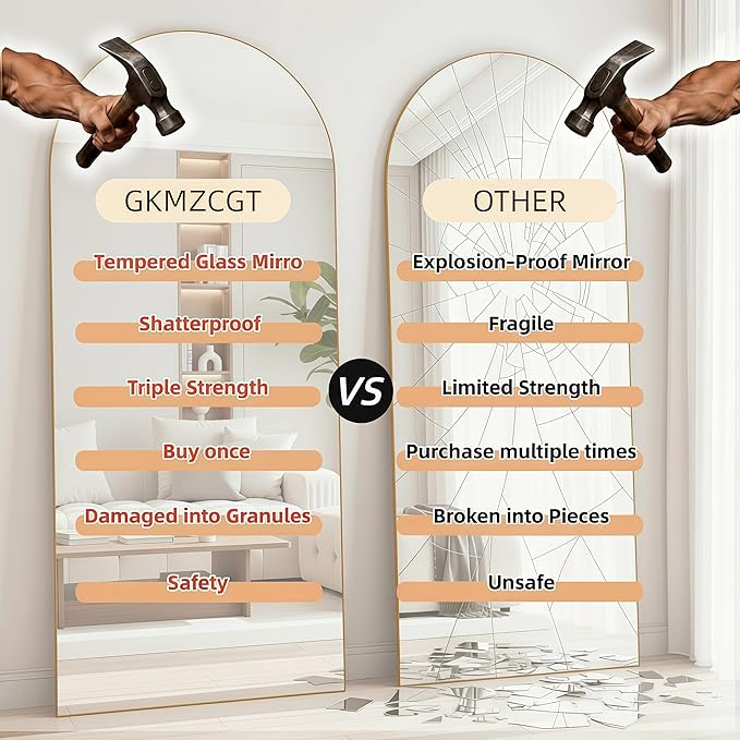 Full Length Mirror 71"x30"Arched with Stand Aluminum Alloy Frame Wall Mountable Tempered Glass Full Body Mirror, Standing Hanging or Leaning Against Wall for Bedroom and Living Room Gold