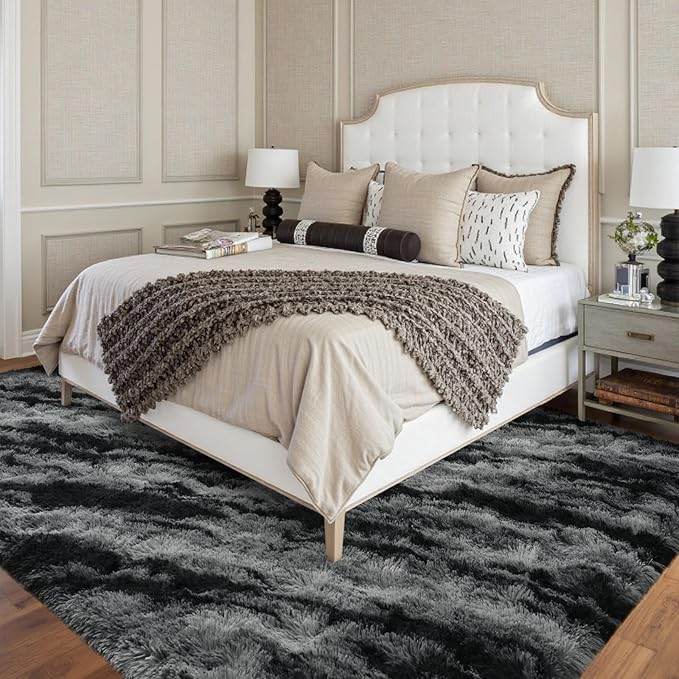 FinRèc 8x10 Rugs for Living Room Bedroom, Tie dye Striped Black Fluffy Shaggy Area Rug, Non-Slip Soft Shag Rug for Nursery Kids Room Dorm Room Home Decor, Indoor Plush Floor Carpet