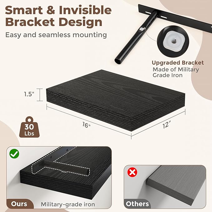 Fun Memories Floating Shelves for Wall, 12 x 16 Floating Shelf for Books, Rustic Wood Deep Storage Wall Shelf with Invisible Bracket - 16" Black Shelves for Living Room & Bedroom, Set of 2