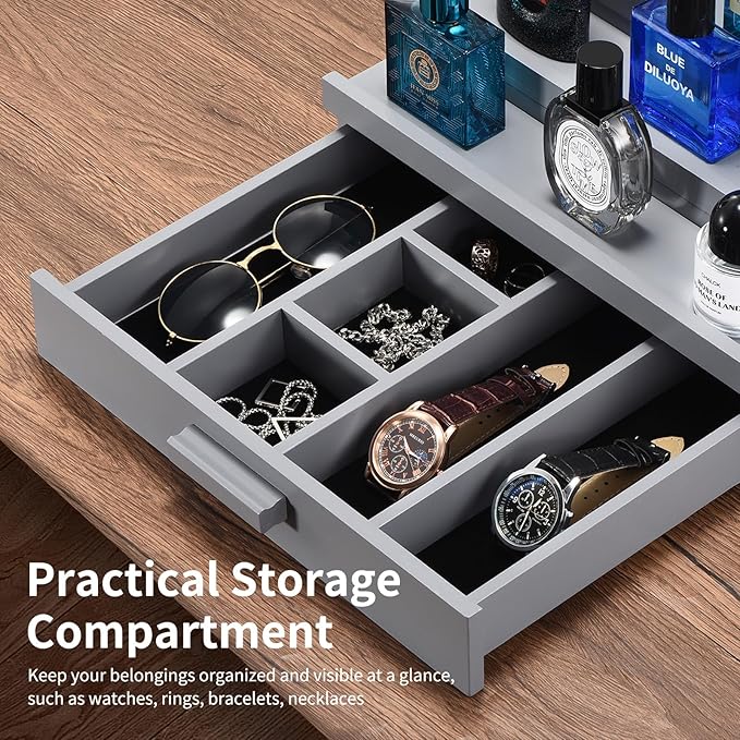 Perfume Organizer for Men, 4 Tier Wood Perfume Display Stand with Velvet Lining Drawer and Hidden Compartment for Watch,Jewelry,Perfume Display Risers,A Gift for Men (Gray)