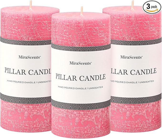 3x6 Inch Pink Pillar Candles Set of 3 - Hand-Poured Unscented Candles, Long Clean Burning, Smokeless Dripless Candle for Dinner Table, Home, Bathroom, Wedding, Valentines Day Decor