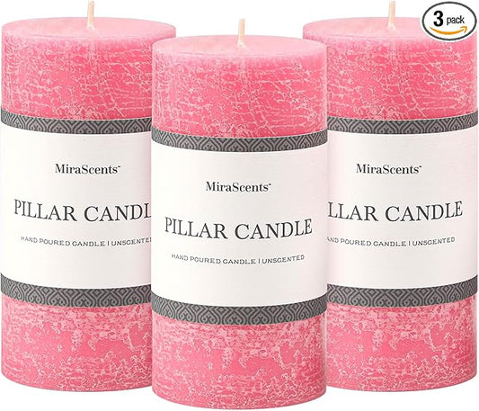 3x6 Inch Pink Pillar Candles Set of 3 - Hand-Poured Unscented Candles, Long Clean Burning, Smokeless Dripless Candle for Dinner Table, Home, Bathroom, Wedding, Valentines Day Decor