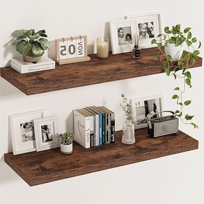 Vivelove 36" Floating Shelves for Wall, 12 inch Deep Display Shelves with Invisible Brackets, Long Shelf for Living Room Bedroom, Farmhouse Rustic Shelves Home Decor, Set of 2, Rustic Brown