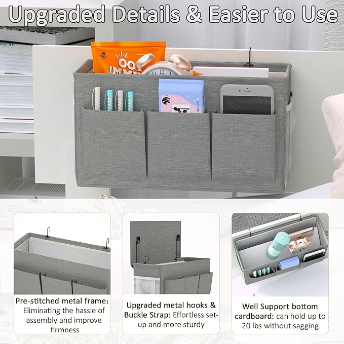 Edudif Dual-purpose Bedside Caddy Bedside Organizer, Bed Caddy with 6 Pockets, Versatile Bedside Storage Solution Magazine Remotes holder, ideal for Home, Dorm, Hospital, Crib Bed (Grey)