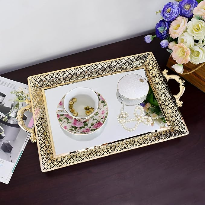 Decorative Glass Mirrored Tray Home Decor Vanity Tray for Dresser Make Up Jewelry Organizer Gold Perfume Tray Rectangle