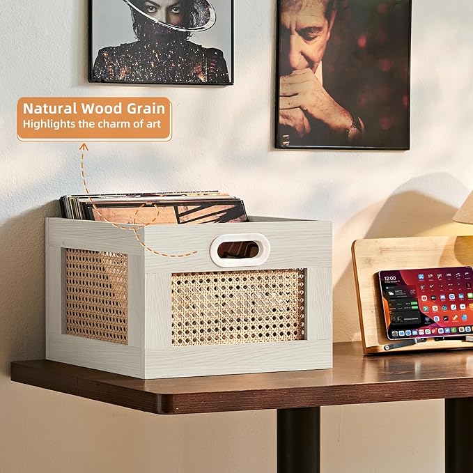 LELELINKY Vinyl Record Storage Crate, Rattan Vinyl Record Holder with Handle, Wood Record Crate for Vinyls Holder up to 75 LP's, Desktop Cube Album Storage for Vinyls Records(Grey White)