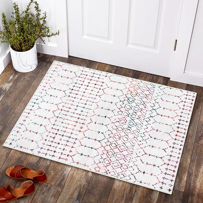 Lahome Moroccan Indoor Door Mats for Entryway 2x3 Area Rug Non-Slip Backing Washable Rug for Kitchen Low Pile Throw Soft Bath Rug, Colorful Print Distressed Front Door Rugs for Entrance Bedside Hana